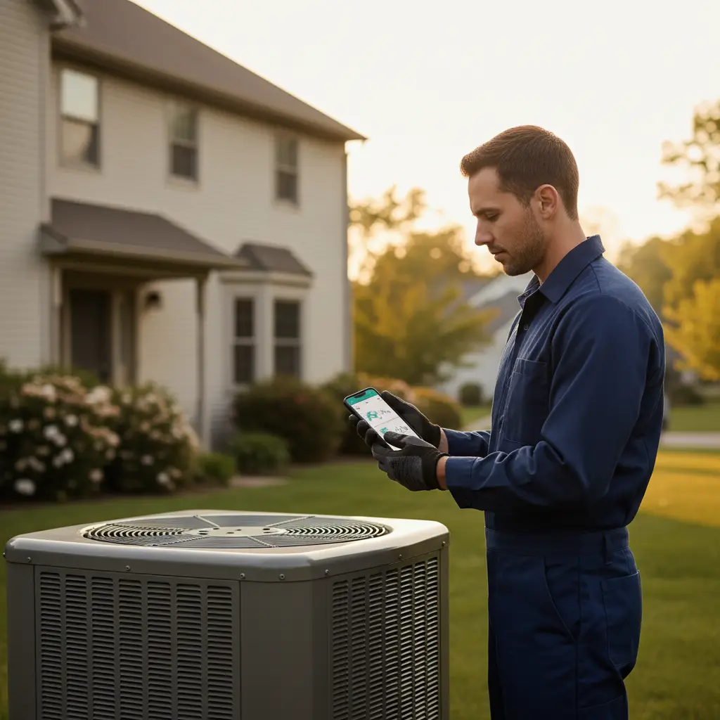 Técnico de HVAC com o celular ao lado de uma unidade de ar-condicionado