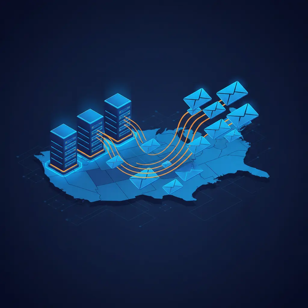 Ilustração de servidores enviando e-mails pelo mapa dos EUA
